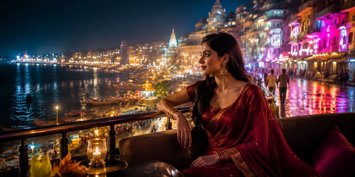 Player making deposit via mobile at Varanasi ghats with neon light background