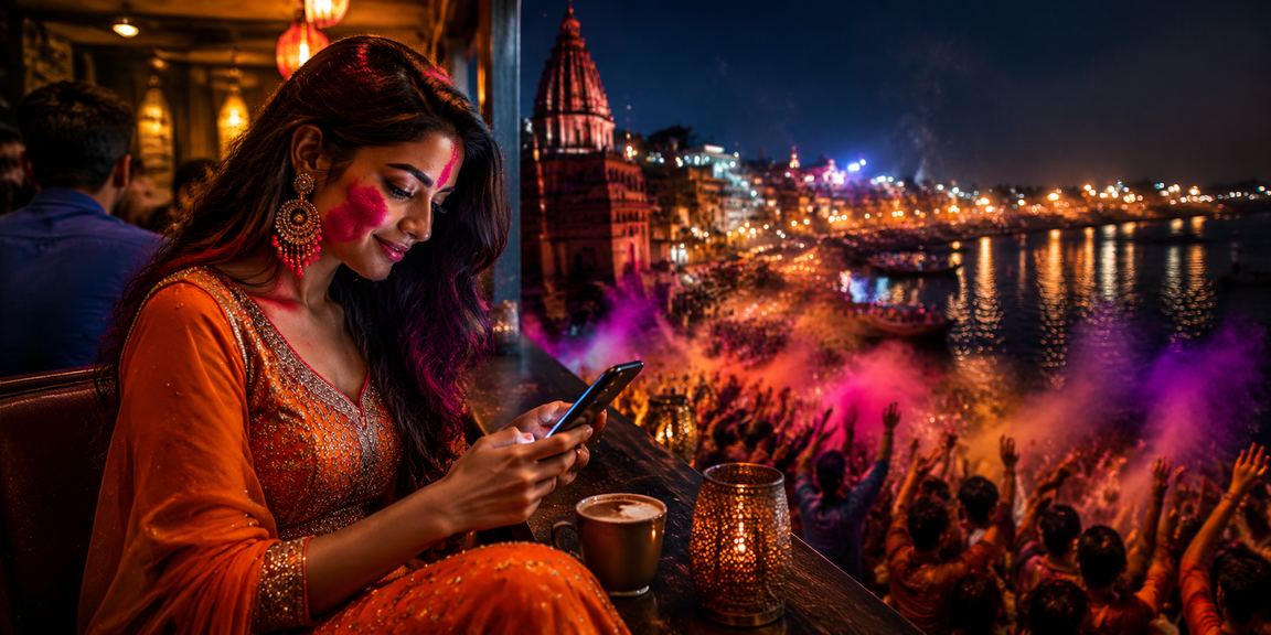 Player enjoying live casino on mobile during Holi Festival in Varanasi